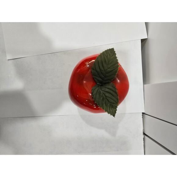 Vintage Glass Apple Figurine – Red Art Glass with Fabric Leaves - Picture 3 of 11